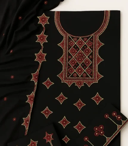 Traditional 3-Piece Unstitched Cotton Suit with Shesha