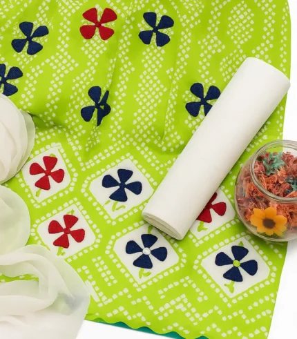 3-Piece Cotton Applique Suit with Chiffon Dupatta – Chunri & Goli Print