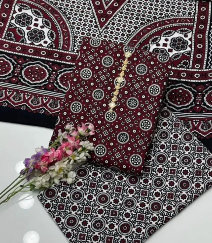 Traditional Maroon Ajrak Hand Block Printed 3-Piece Unstitched Cotton Suit – Fully Printed Shirt, Dupatta & Shalwar