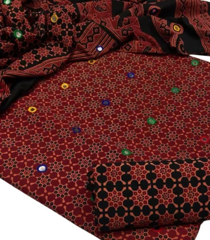 Ajrak Hand Block Printed Cotton 3-Piece Suit with Mirror Work & Tassel Dupatta