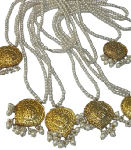 Elegant gold-plated mala with polished faux pearls.