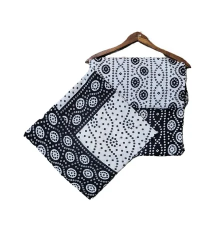 Traditional Black & White Ajrak Hand Block Printed 3-Piece Unstitched Cotton Suit – Fully Printed Shirt, Dupatta & Shalwar